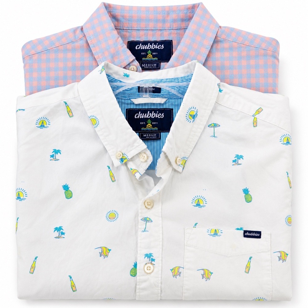 Lot of 2 Chubbies Mens Med Friday Button Up Shirts White Tropical Pink Gingham